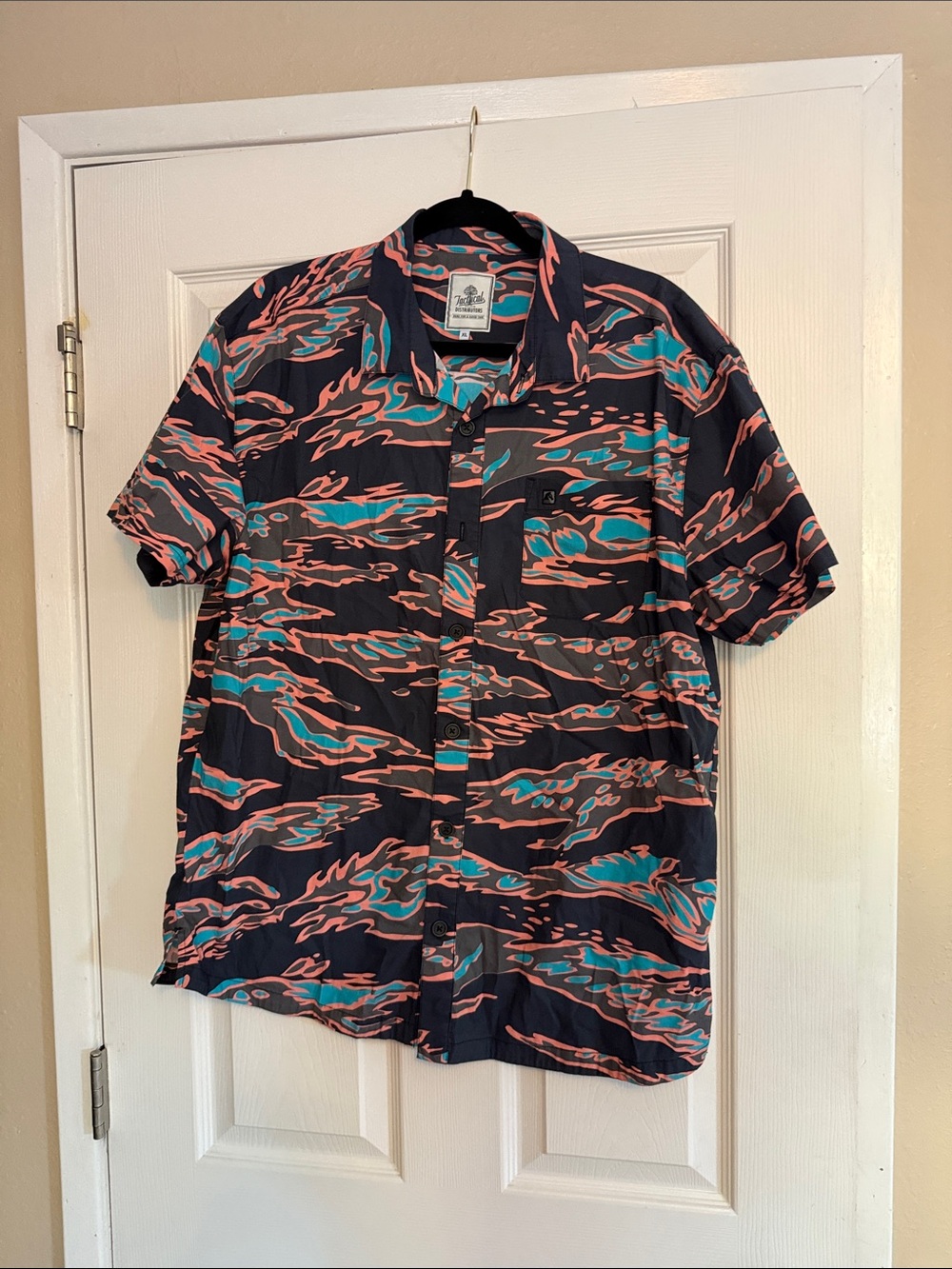 Men's Short Sleeve Button-Up Shirt - Black with Teal & Coral Pattern